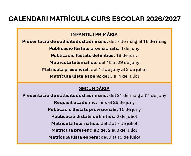 La Comarcal calendari matrícula 26-27